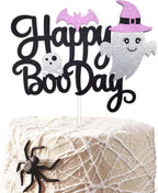 1Pcs Happy Halloween Cake Topper Black Glitter Happy Boo Day Cake Topper Castle Witch Pumpkin Ghost Bat Halloween Cake Decorations Cake Pick for Halloween Birthday Baby Shower Party Supplies