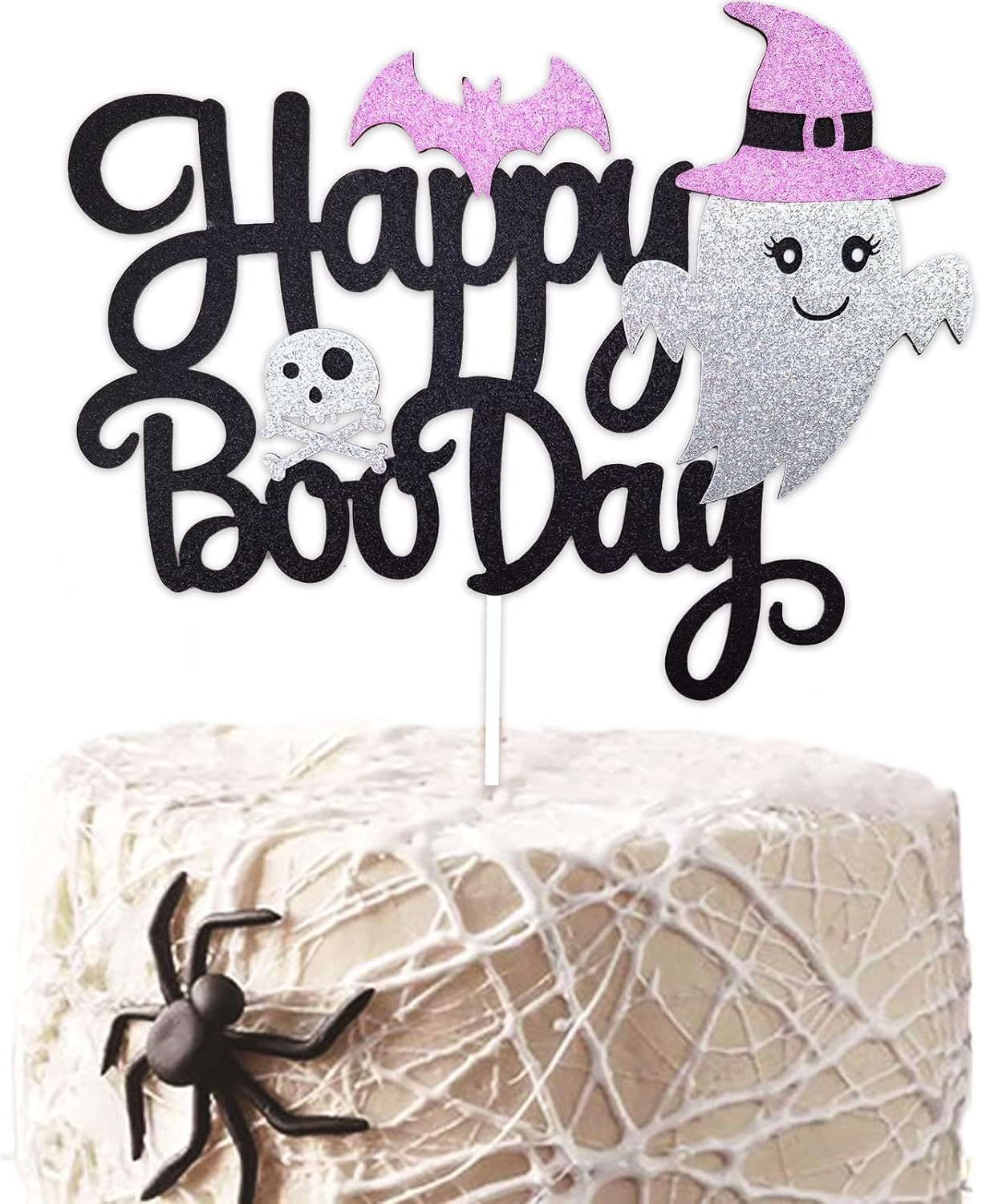 1Pcs Happy Halloween Cake Topper Black Glitter Happy Boo Day Cake Topper Castle Witch Pumpkin Ghost Bat Halloween Cake Decorations Cake Pick for Halloween Birthday Baby Shower Party Supplies