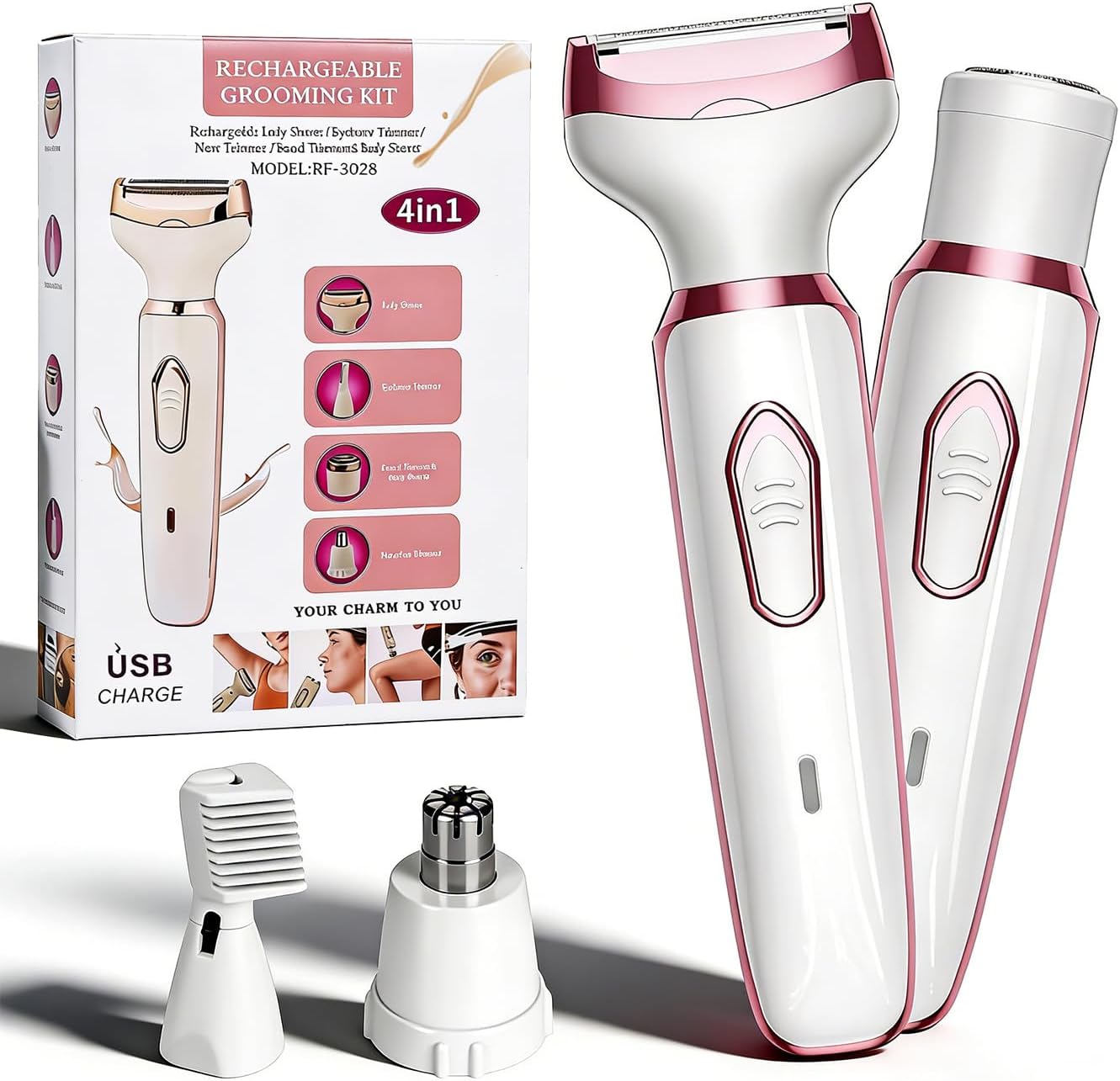 RUIM Women’s Electric Shaver 4-in-1, Painless Hair Remover for Bikini Face & Body, Cordless Wet/Dry Trimmer with Nose & Eyebrow Heads, Fast USB-C Charging, Travel-Ready Grooming Kit