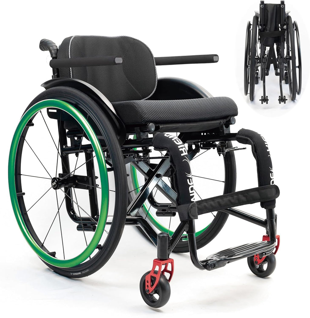 Sport Wheelchairs for Adults Lightweight Foldable, Portable All Terrain Travel Mobility Wheelchair, Elderly Transfer Wheel Chair Aluminum Alloy for Outdoor Activities,Green-40/15.7in