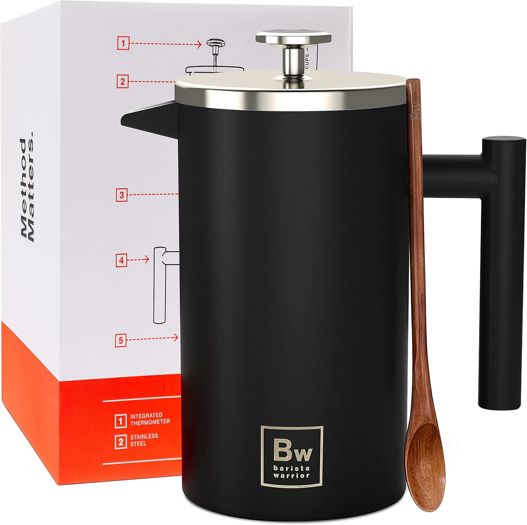Barista Warrior French Press Coffee Maker Stainless Steel with Built-In Thermometer - Insulated Double Wall Design, Dual Filter System, Stay-Cool Handle & Wood Spoon - Black