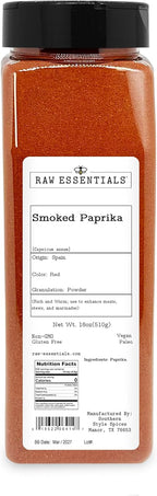 Raw Essentials Smoked Paprika - Rich and Warm - Use to Enhance Meats, Stews and Marinades - Large 18 Ounce Bottle - Non GMO, Gluten Free, Vegan and Paleo
