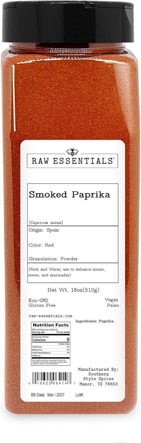 Raw Essentials Smoked Paprika - Rich and Warm - Use to Enhance Meats, Stews and Marinades - Large 18 Ounce Bottle - Non GMO, Gluten Free, Vegan and Paleo