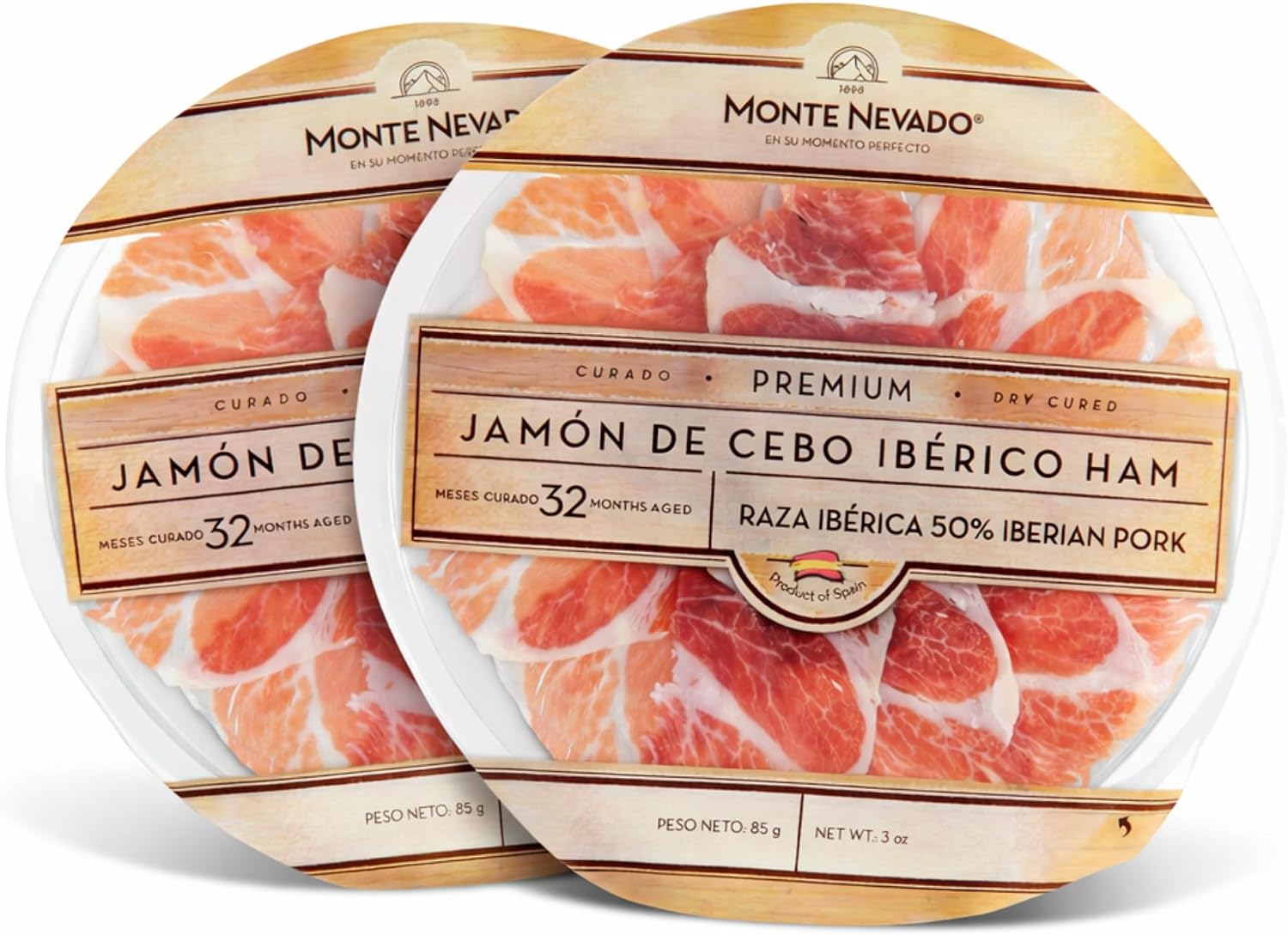 Monte Nevado Jamon Iberico Grain-Fed - (Cebo) 50% Iberico - 3oz Each, Pack of 2 units, Pre-Sliced Vacuum Packed Spanish Dry-Cured Ham - Tapas & Charcuterie Ready, Friends and Family Moments