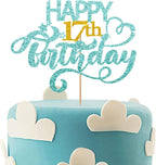 Sky Blue Glitter Happy 17th Birthday Cake Topper, Seventeen Years Old Birthday Party Cake Decor, Gold Number 17 Birthday Party Supplies Decorations for Teen Girl or Teen Boy