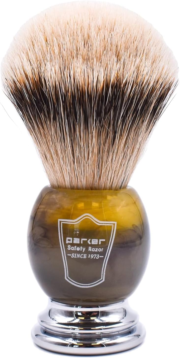Parker 100% Silvertip Badger Shaving Brush – Faux Horn Handle, Long Loft 22 mm Knot, Chrome Base + Resin Stand – Rich Lather, Sensitive Skin Friendly