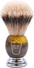 Parker 100% Silvertip Badger Shaving Brush – Faux Horn Handle, Long Loft 22 mm Knot, Chrome Base + Resin Stand – Rich Lather, Sensitive Skin Friendly