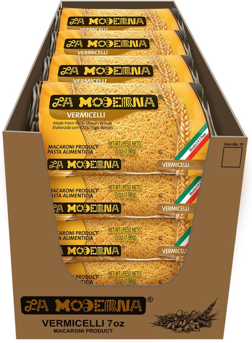 LA MODERNA, Vermicelli Pasta, 7 oz (Pack of 20) | Enriched Durum Wheat Semolina | Kosher, Non-GMO, Iron and Vitamin-Fortified | Family-Size Value Pack of Thin Noodles for Soups and Quick Meals