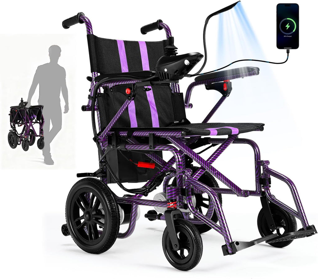 Electric Wheelchairs for Adults，Lightweight Foldable Wheelchair 15 Miles Long Travel Range, 360° Joystick Control Motorized Wheelchair, Support 286 lbs with LED Light Power Wheelchair (Purple)