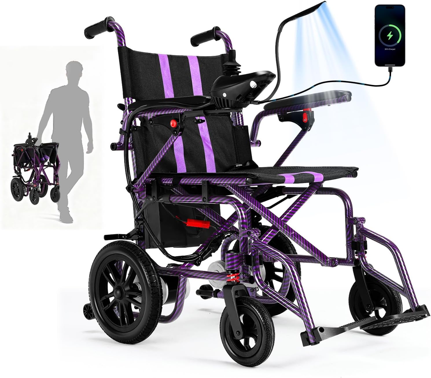 Electric Wheelchairs for Adults，Lightweight Foldable Wheelchair 15 Miles Long Travel Range, 360° Joystick Control Motorized Wheelchair, Support 286 lbs with LED Light Power Wheelchair (Purple)