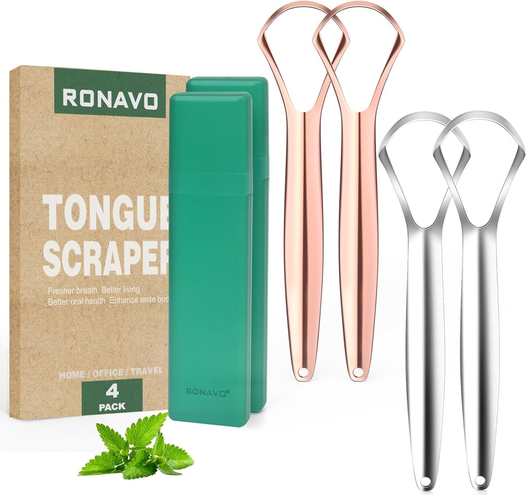 RONAVO Tongue Scraper for Adults (4 PC), Metal Tongue Scraper Rustproof (Travel Cases Included) Reduce Bad Breath, Tounge Scrappers Oral Care, Easy to Use & Wash, 2 Colors