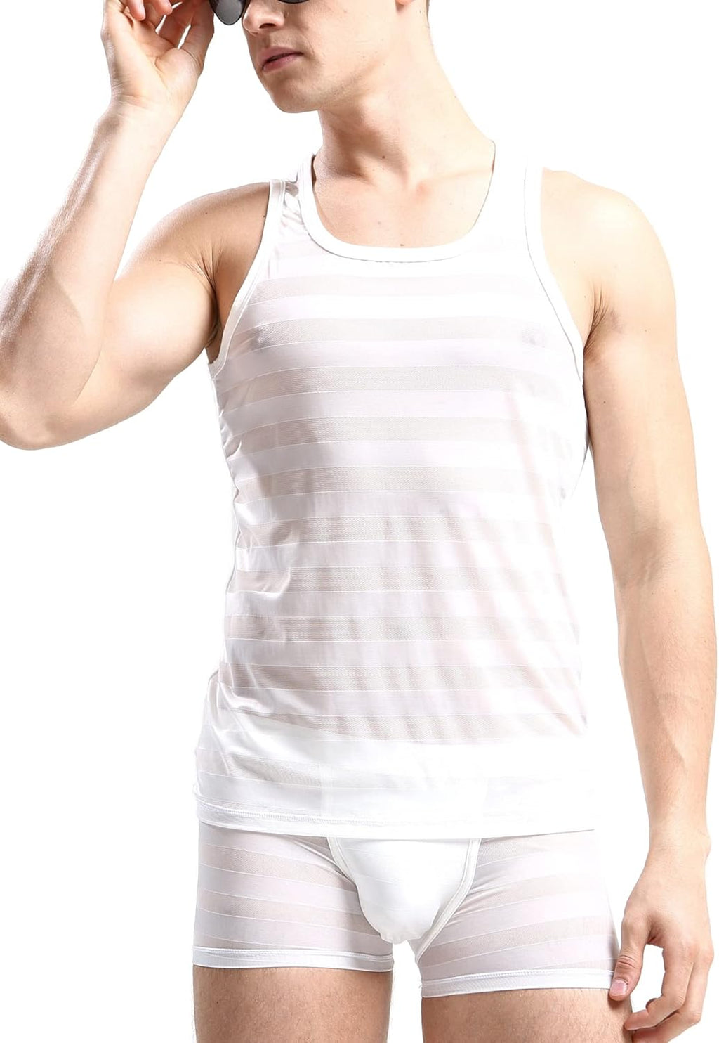 Mens See Through Tank Top Set Mesh Tank Top with Sexy Boxer Brief Set…
