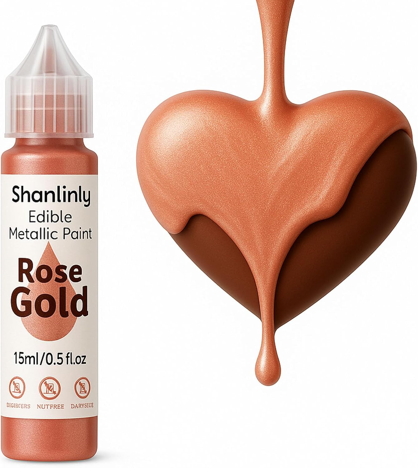 Rose Gold Metallic Edible Paint for Baking – Food Grade Edible Gold Dust Drink Glitter for Shimmer Cake Decorating, Cookies,Cupcakes,Cocktails – 15ml Perfect for Valentines,Wedding,Birthday Decorating
