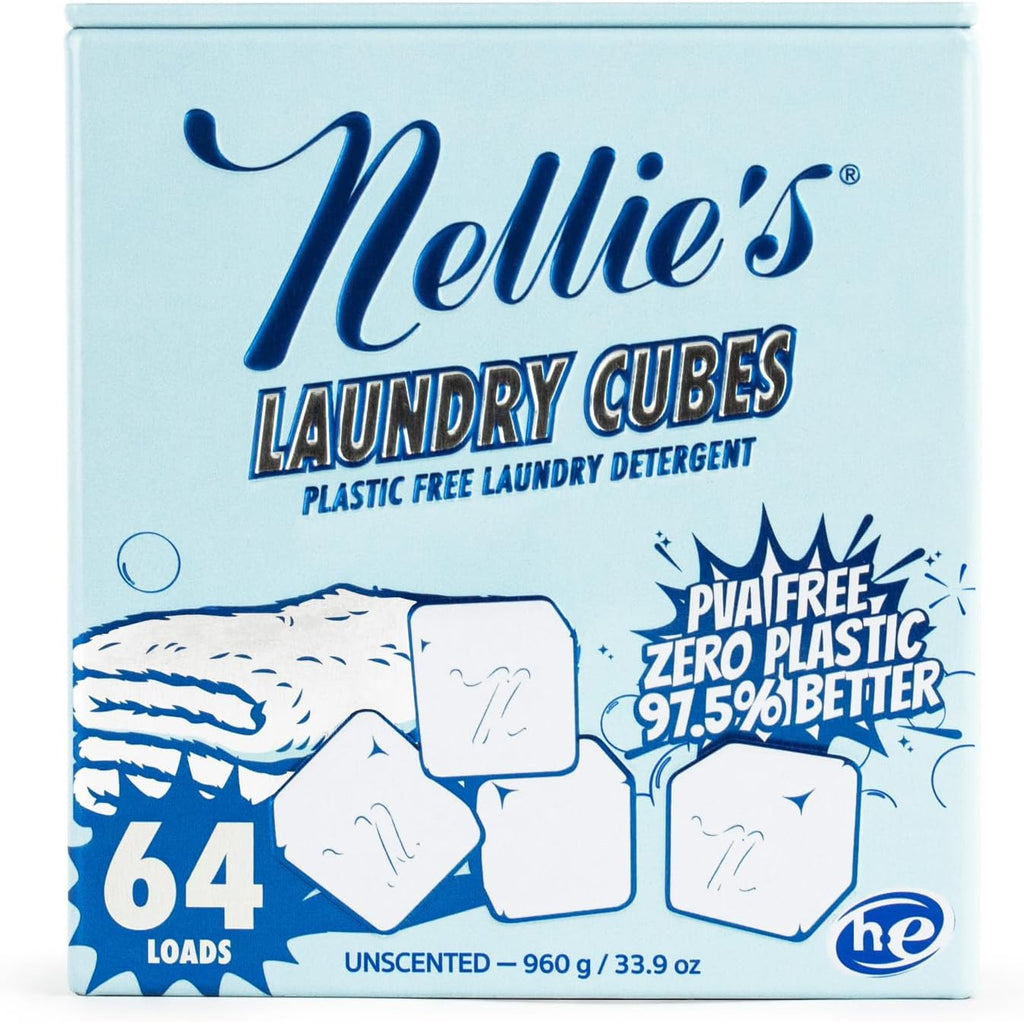 Nellie's Laundry Cubes 64 Load - Zero Plastic, PVA-Free Laundry Detergent - Tough on Stains & Odors - Dissolves in Hot or Cold Water - HE & Standard Machine Safe - Made in Canada