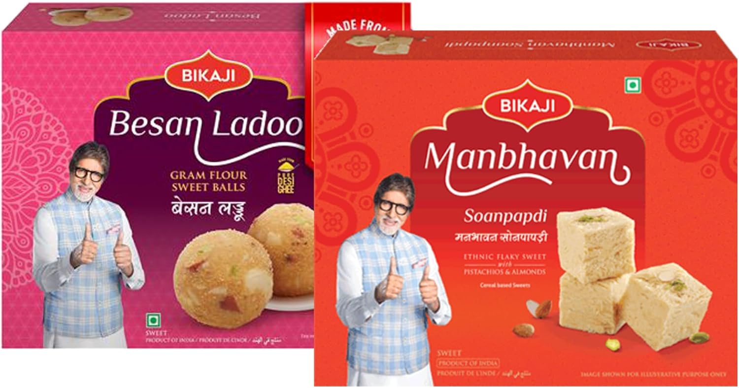 Bikaji Besan Laddoo 400g and Soan Papdi Manbhavan 500g Combo Pack | Traditional Indian Mithai | Premium Festive Gift Box | Authentic Sweet Delight