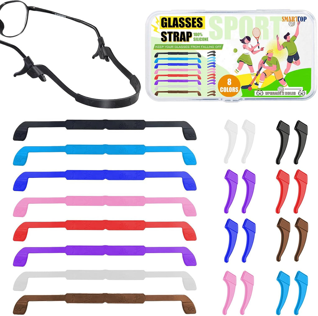 SMARTTOP Kids Glasses Strap with Storage Box, 8 Pack Eyeglass Sunglasses String Strap Holder Eyewear Retainer, Silicone Elastic Sports Toddlers Glasses Strap with Ear Grips 8 Colors