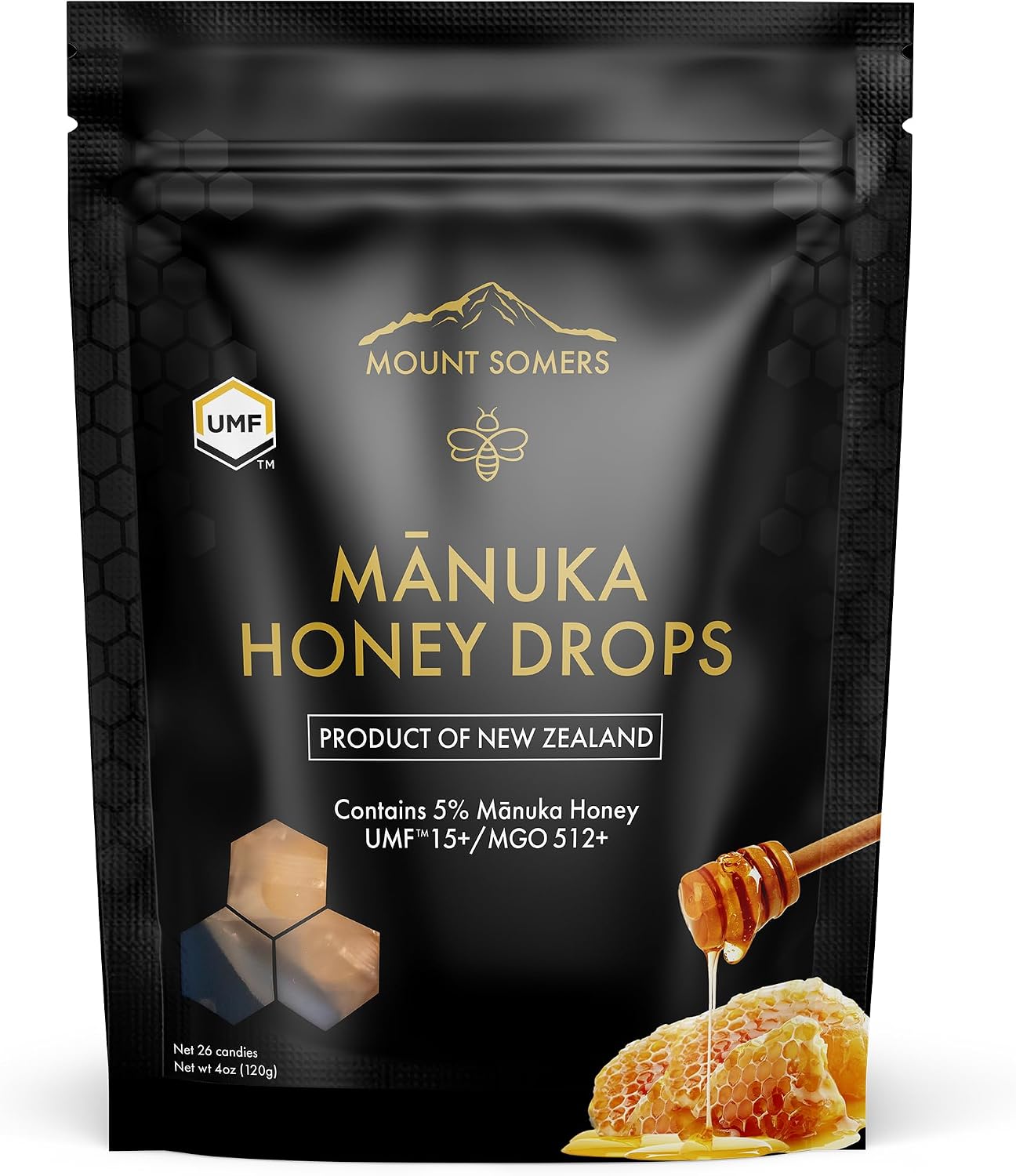 Mount Somers UMF 15+ Manuka Honey Drops - 26pcs Soothing Throat Lozenges from New Zealand, Natural Relief for Sore Throats