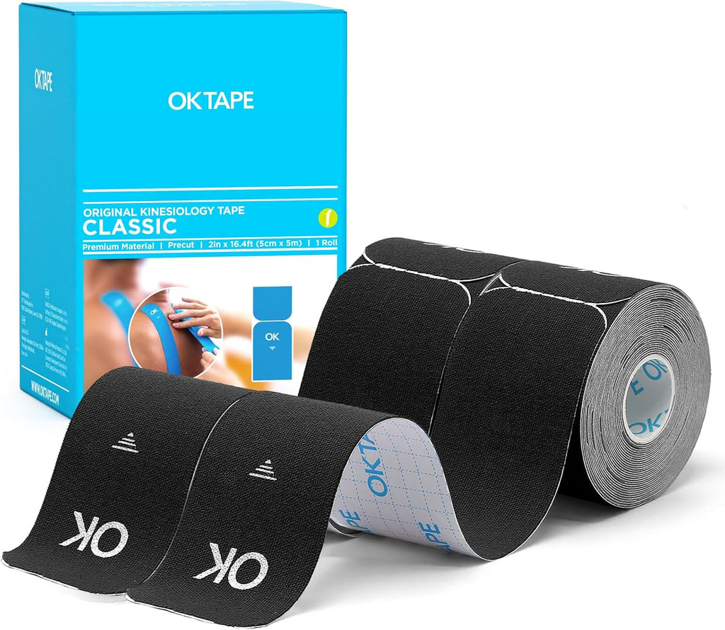 OK TAPE Kinesiology Tape 10 inches Precut, 20 Strips, Cotton Elastic Athletic Tape Latex Free, 2inch x 16ft, 2 Rolls Black