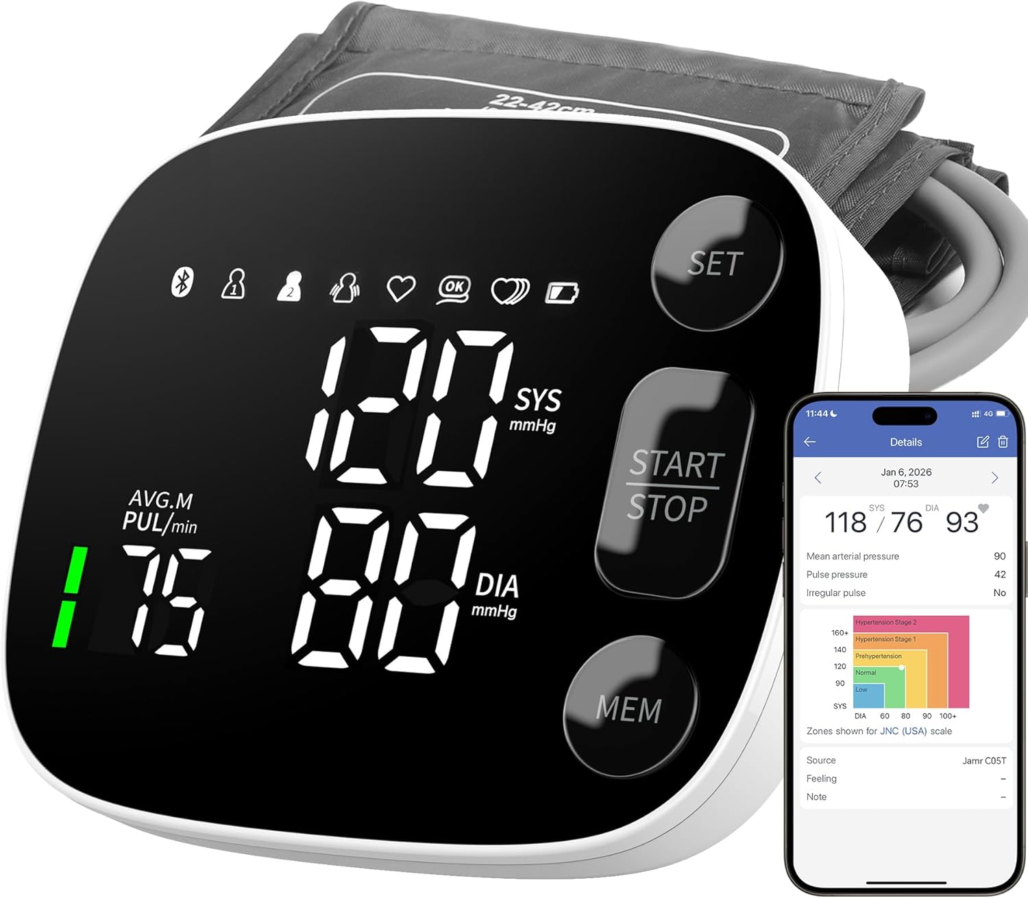 Blood Pressure Monitor Automatic Upper Arm BP Machine for Home Use with Bluetooth App Sync 2x120 Memory Accurate Reading, Large LED Backlit Display Adjustable Cuff 8.7"-16.5" with Storage Bag