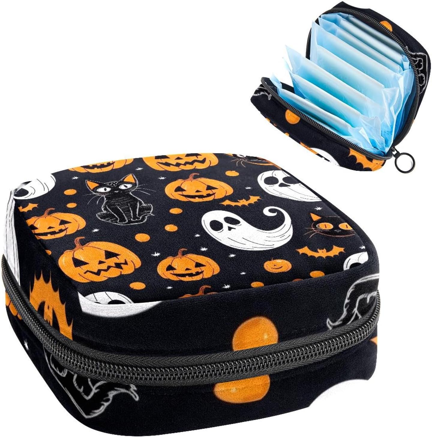 Black Cat Ghost Pumpkin Halloween Sanitary Napkin Storage Bag, Tampons Collect Holder Purse, First Period Kit for Girls Women, Pad Bag for Period for School