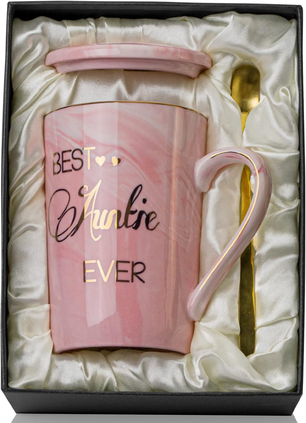Aunt Gifts for Aunts from Niece - Mothers Day Birthday Gifts for Aunt, 14Oz Pink Marble Ceramic Coffee Mugs Print with Real Gold, Best Aunts Auntie Ever Gift Mug with Lid Spoon Card, Nice Box