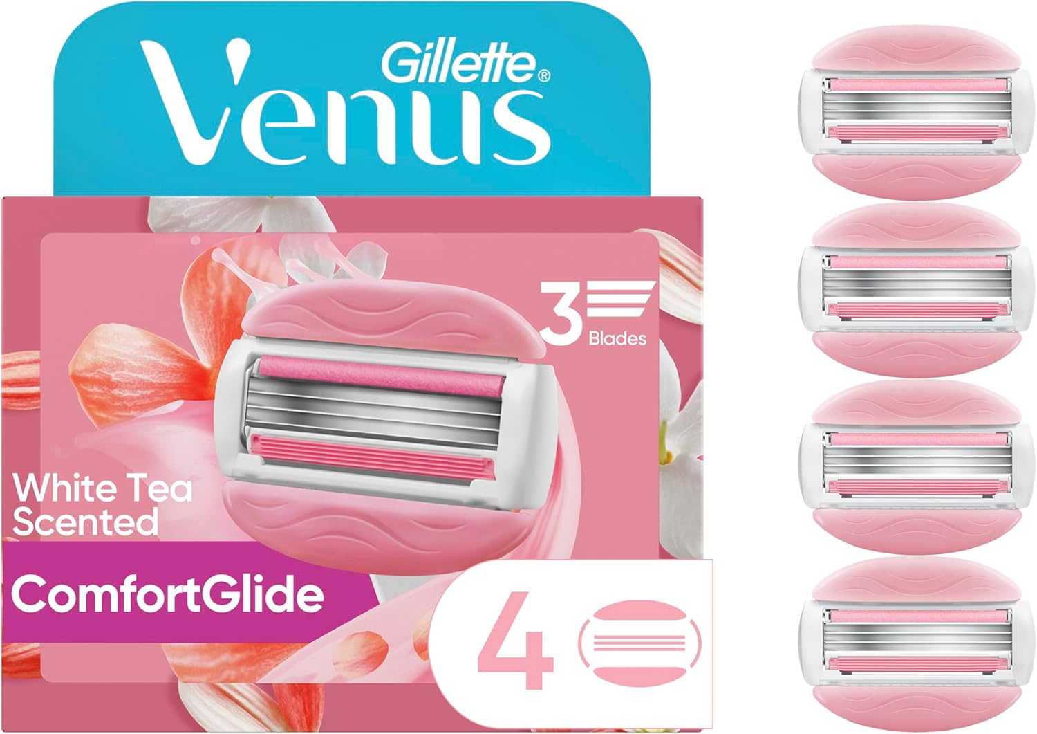 Gillette Venus ComfortGlide White Tea Women's Razor Refills, 4 Refill Cartridges, Fits Venus Reusable Razor Handles, 3-Bladed with Built-in Shave Gel Bars