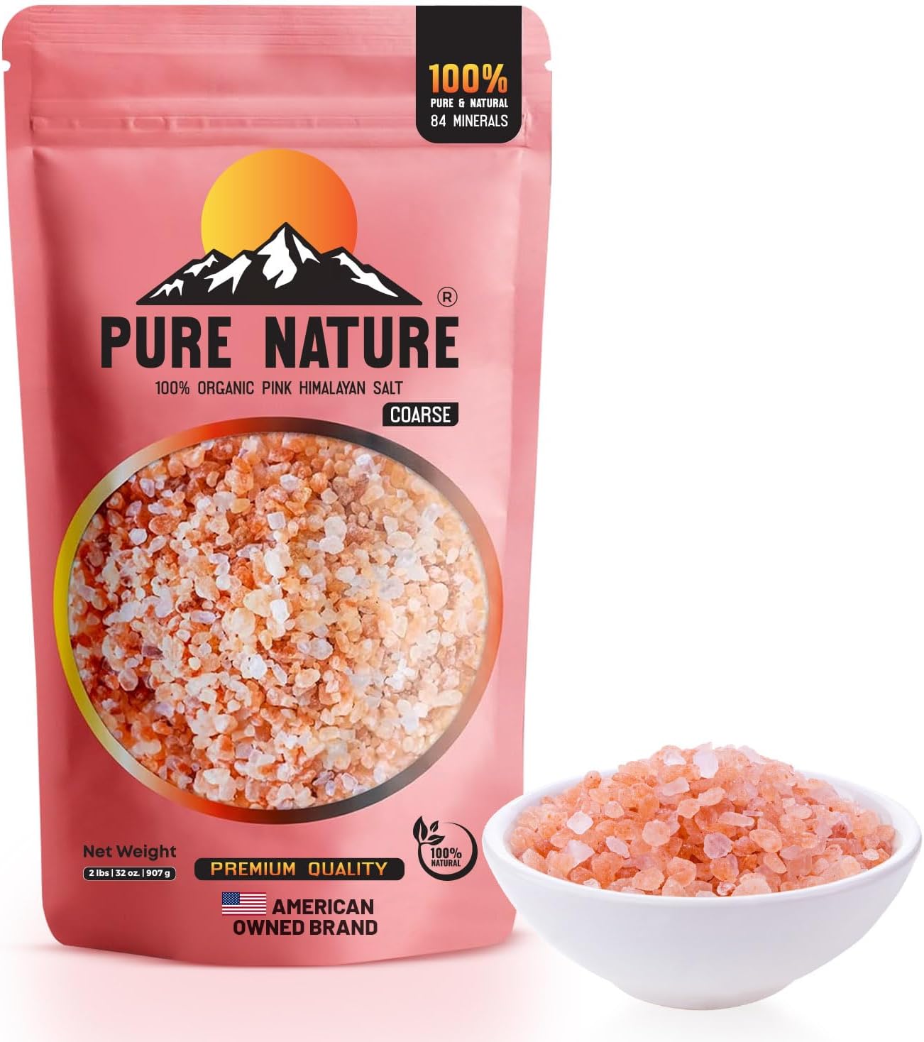 PURE NATURE Himalayan Pink Salt Coarse Grain 2 lb Natural Pink Himalayan Rock Salt for Grinder, Cooking, and Seasoning, Coarse Pink Salt Crystals from Pakistan, Non-GMO