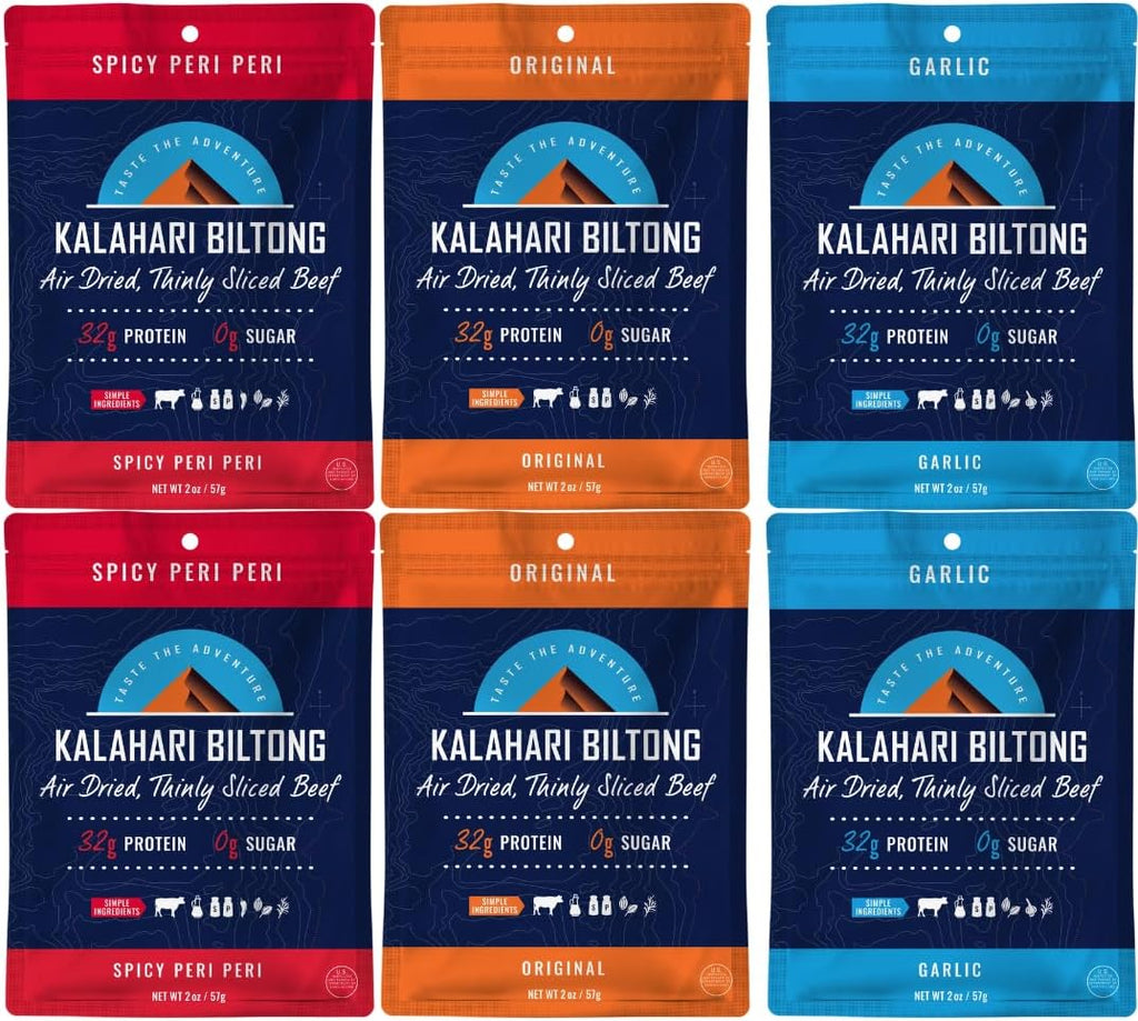 Kalahari Biltong Variety Pack – 6 Pack (Peri Peri, Garlic, classic Original) – High Protein, Low Carb, Gluten Free, Keto-Friendly Snack