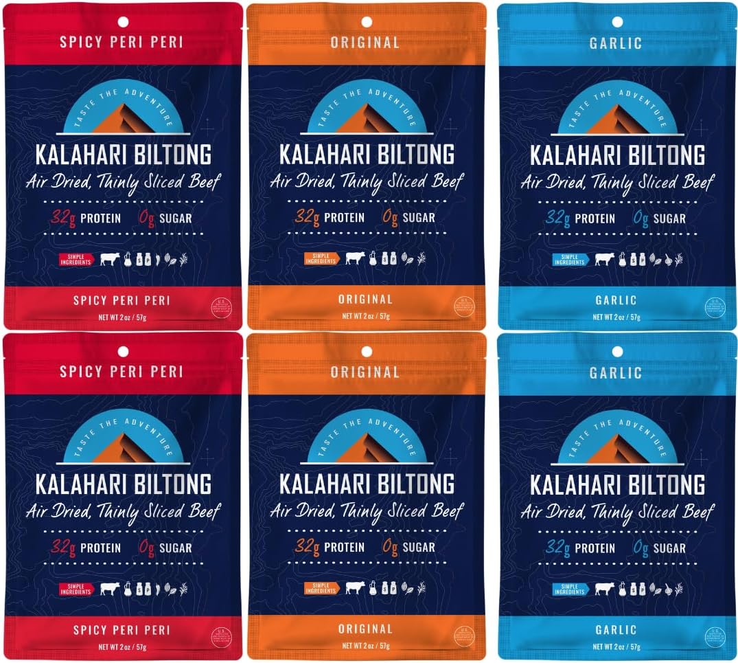 Kalahari Biltong Variety Pack – 6 Pack (Peri Peri, Garlic, classic Original) – High Protein, Low Carb, Gluten Free, Keto-Friendly Snack