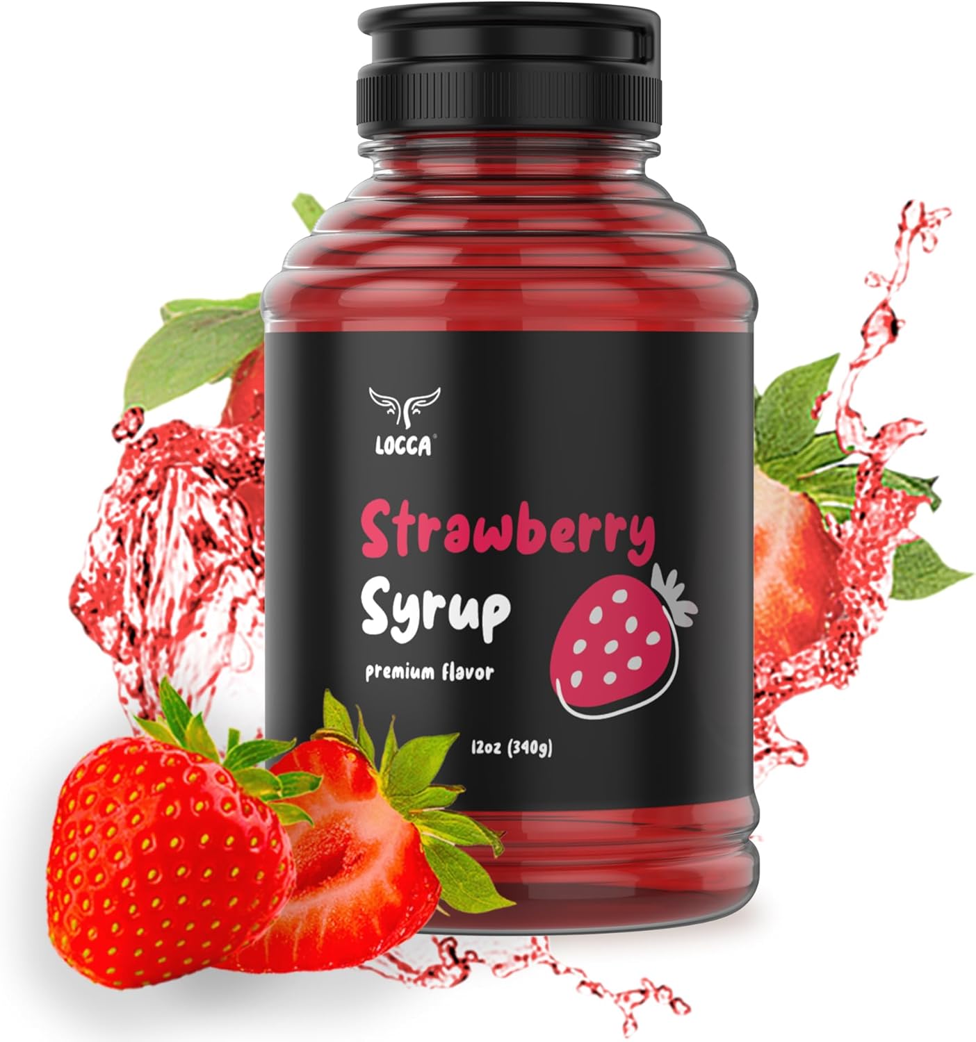 Locca Strawberry Syrup 12oz - Premium Boba Syrup, Coffee Flavoring Syrup Boba Tea Syrup Cocktail Strawberry Flavoring, Real Fruit Infused Shaved Ice Coffee Flavor Syrup for Strawberry Drinks