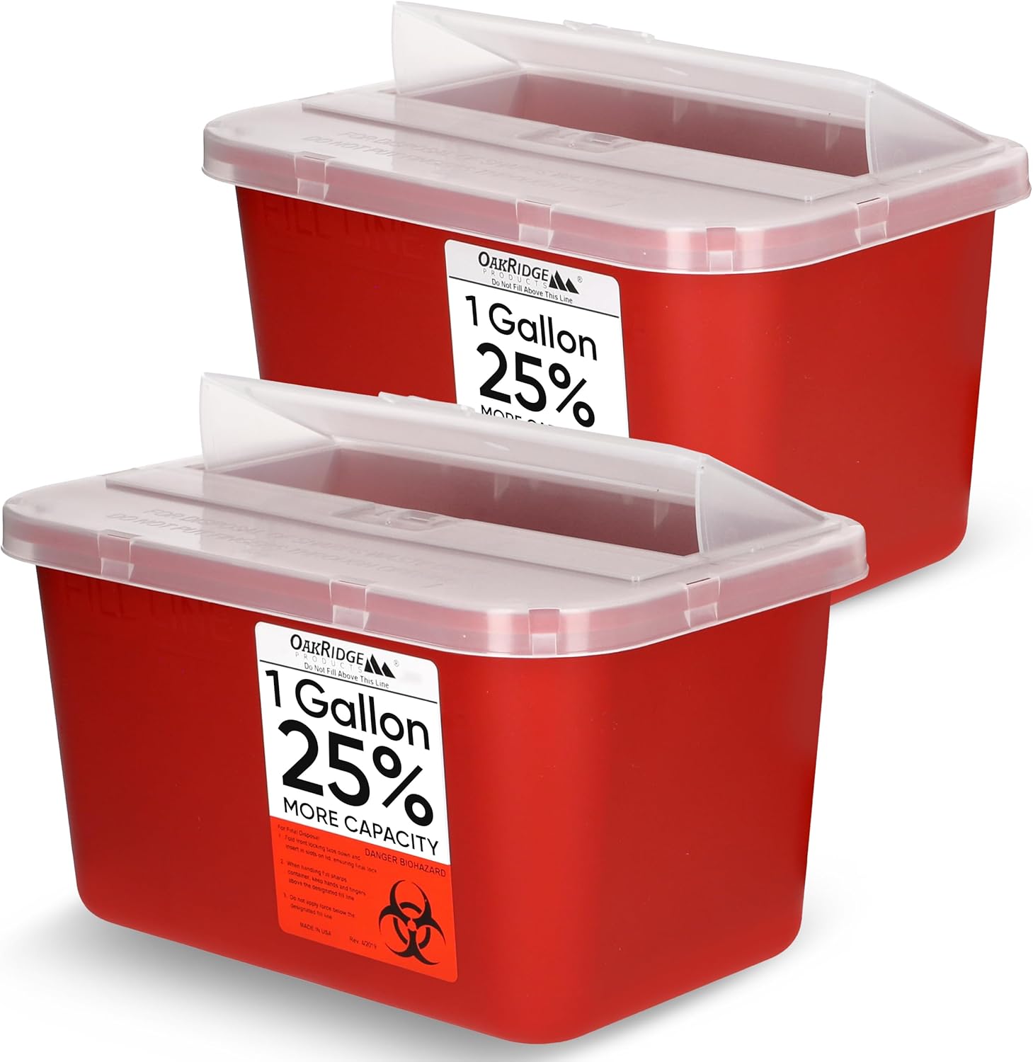 Oakridge Products Large Sharps Container for Home Use and Professional 1 Gallon (2-Pack), Biohazard Needle and Syringe Disposal, Pop Up Lid, CDC Certified