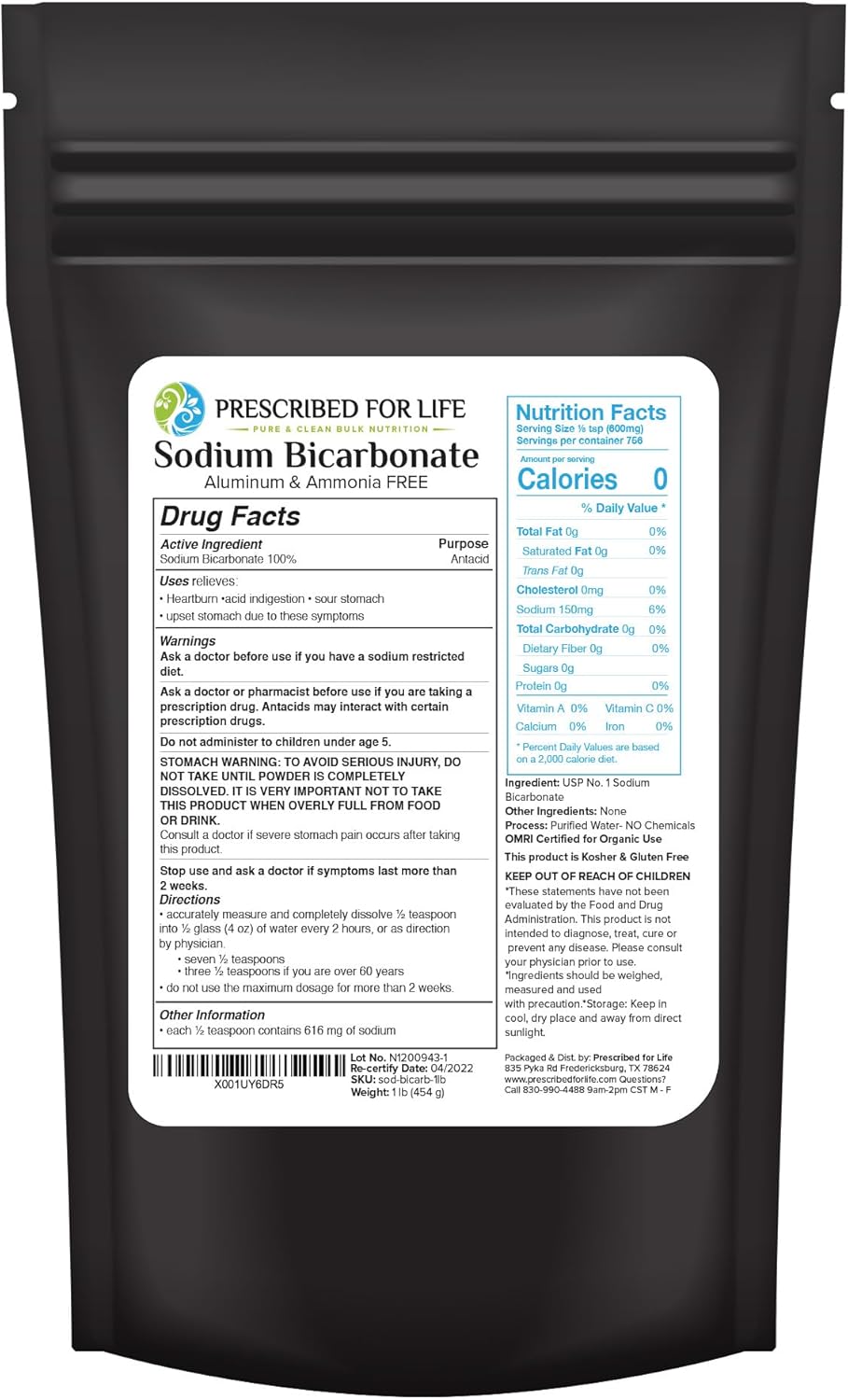 Prescribed For Life, Natural Sodium Bicarbonate (Baking Soda) Powder, 1 Lb Pouch