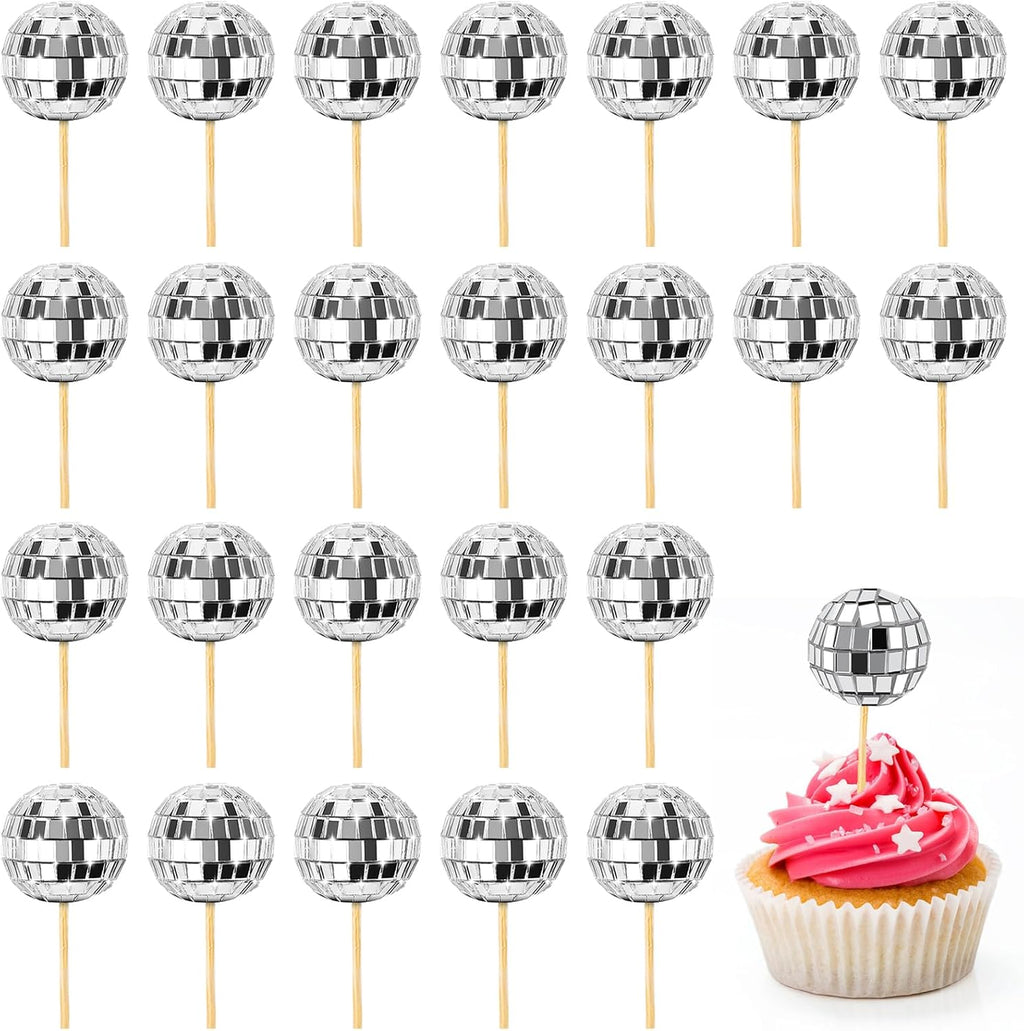 24 Pcs Disco Ball Cupcake Toppers, Mini Disco Ball Cake Picks Birthday Cake Decorations for 1970s Disco Theme Party Favor