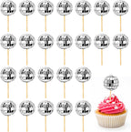 24 Pcs Disco Ball Cupcake Toppers, Mini Disco Ball Cake Picks Birthday Cake Decorations for 1970s Disco Theme Party Favor