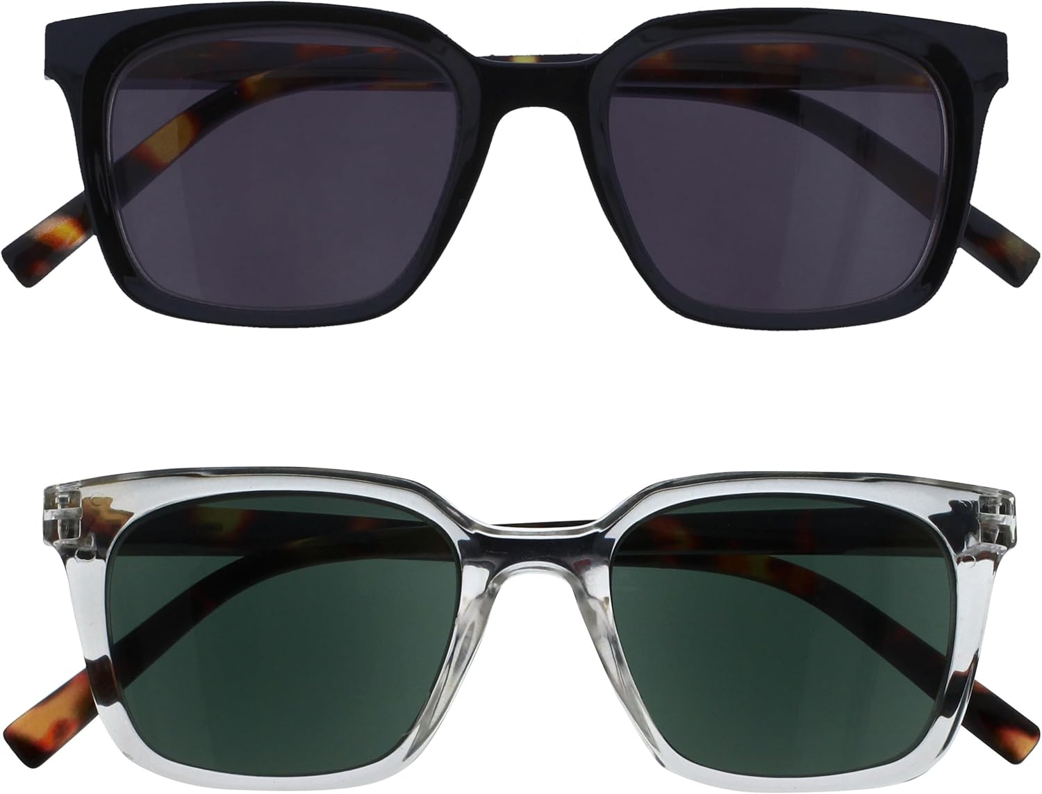 OPULIZE KOI Reading Sunglasses for Women Men,Scratch Resistant Large Rectangular frame with Spring Hinges Tinted lens UV400, Black, Clear +1 (Pack of 2)