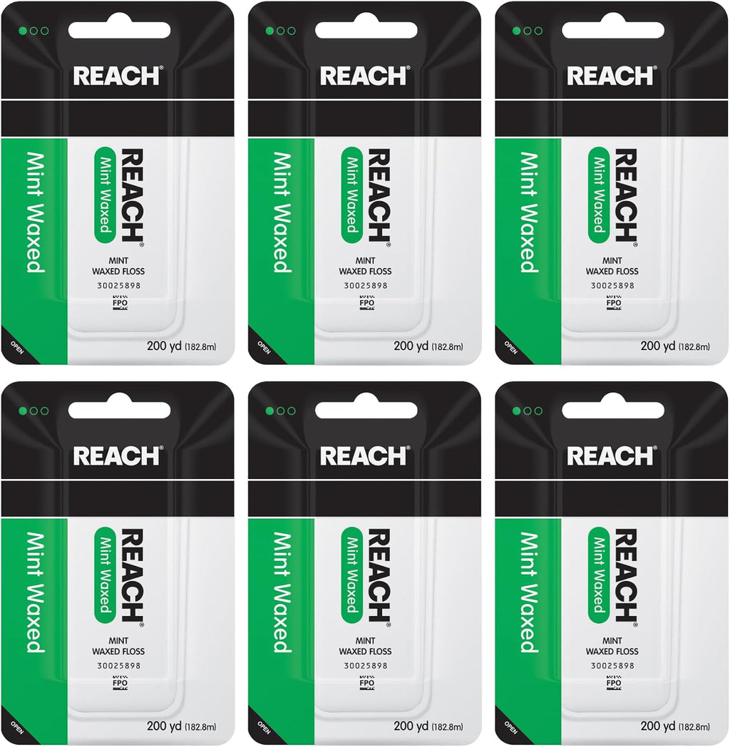 REACH Waxed Dental Floss, Mint, Plaque Remover for Teeth, Shred Resistant, Floss Slides Smoothly, Easy to Use, Waxed, Deep Cleaning Teeth, Oral Care, PFAS Free, for Adults & Kids, 6 Pack, 200 yd