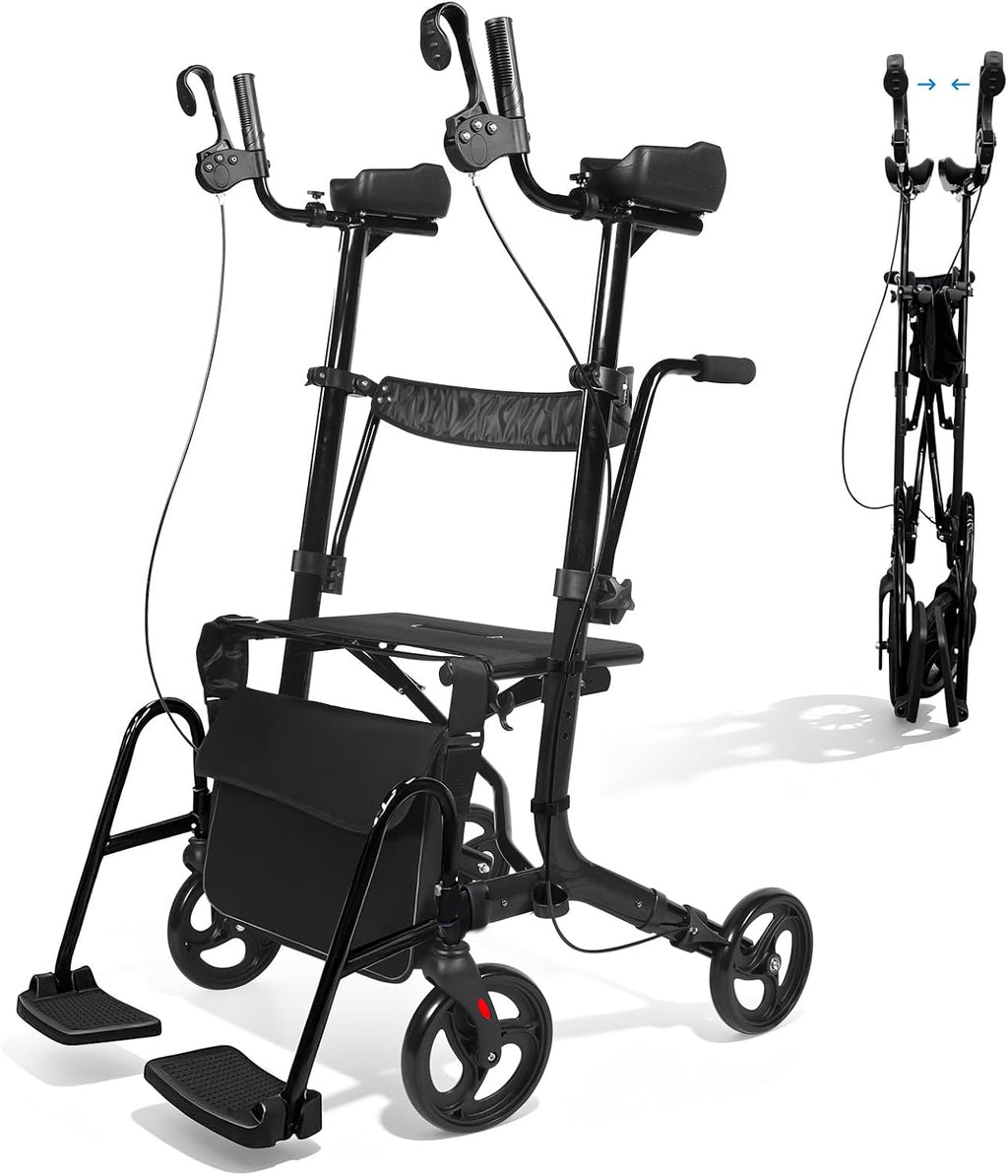 Upright Walkers for Seniors 450 lbs Capacity, 22 lbs Foldable Lightweight Walkers for Seniors with Seat, Armrest and Pedal, Height Adjustable Rollator Walker with Seat for Travel & Gift (Black)
