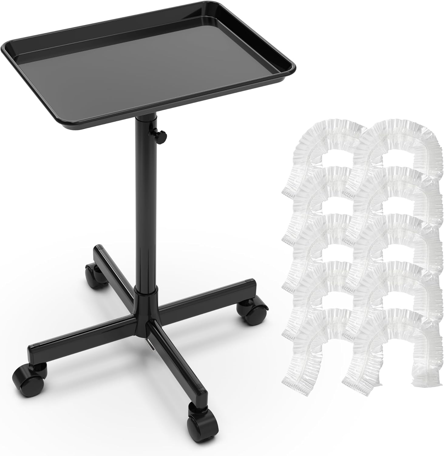 TASALON Rolling Salon Cart, Mobile Styling Station with Wheels Aluminum Rolling Tray Trolley for Salon Essentials, Adjustable Height or Hairstylist Tray with 10 PCS Disposable Salon Tray Cover