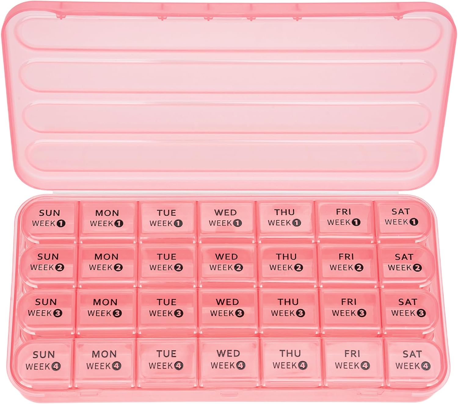 Betife Monthly Pill Organizer 1 Time a Day, 4 Weekly Pill Box Organizer Once a Day, 28 Day Large Pill Case for Travel, 28 Day Daily Medcine Container for Vitamins, Supplement & Medication (Pink)