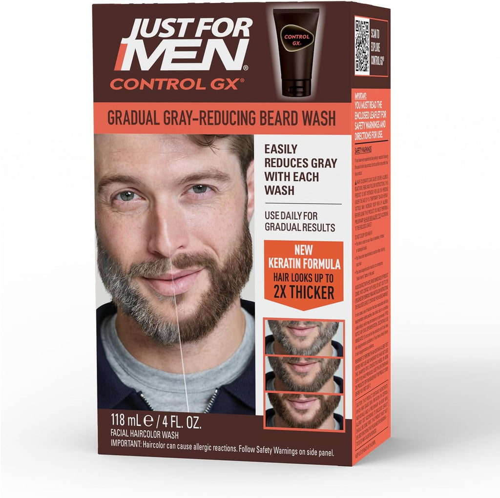 Just for Men Control GX Grey Reducing Beard Wash Shampoo with Keratin, Gradually Colors Mustache and Beard, Leaves Facial Hair Thicker Softer and Fuller, 4 Fl Oz - Pack of 1 (Packaging May Vary)