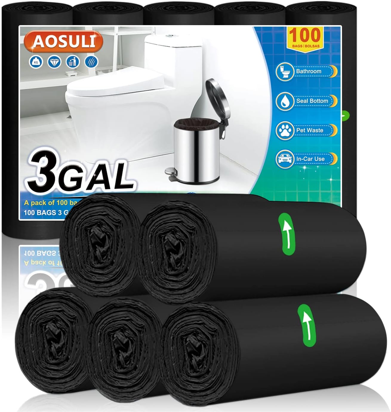 3 Gallon Trash Can Bags 10 Liter Small Bathroom Trash Bags,100 Counts Plastic Waste Basket Bags,Small Black Garbage Bags for Bathroom Can, Office