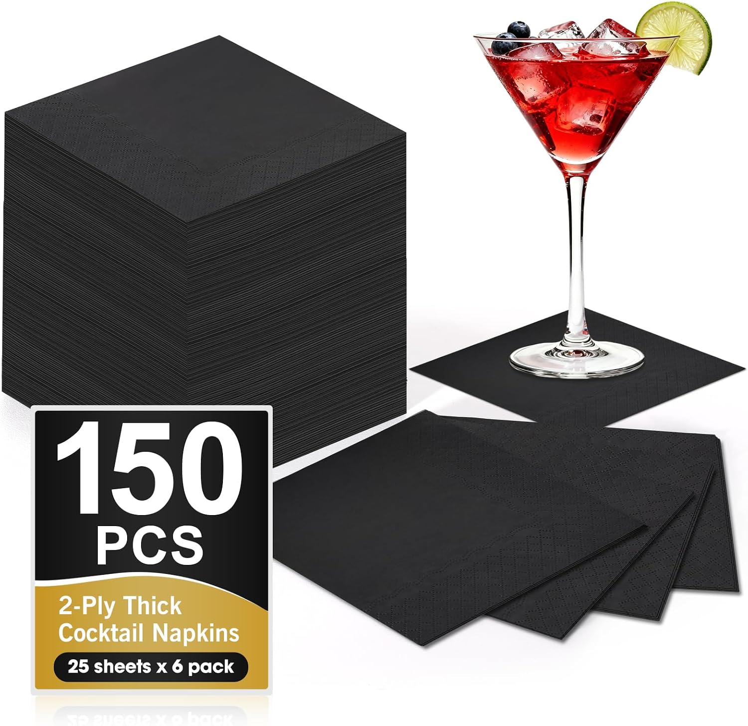 150 Count Cocktail Napkins Paper, 2-Ply Black Beverage Napkins, Napkins Disposable for Bar Wedding Dinner Party Holiday Christmas and Everyday, 4.5 x 4.5 Inch