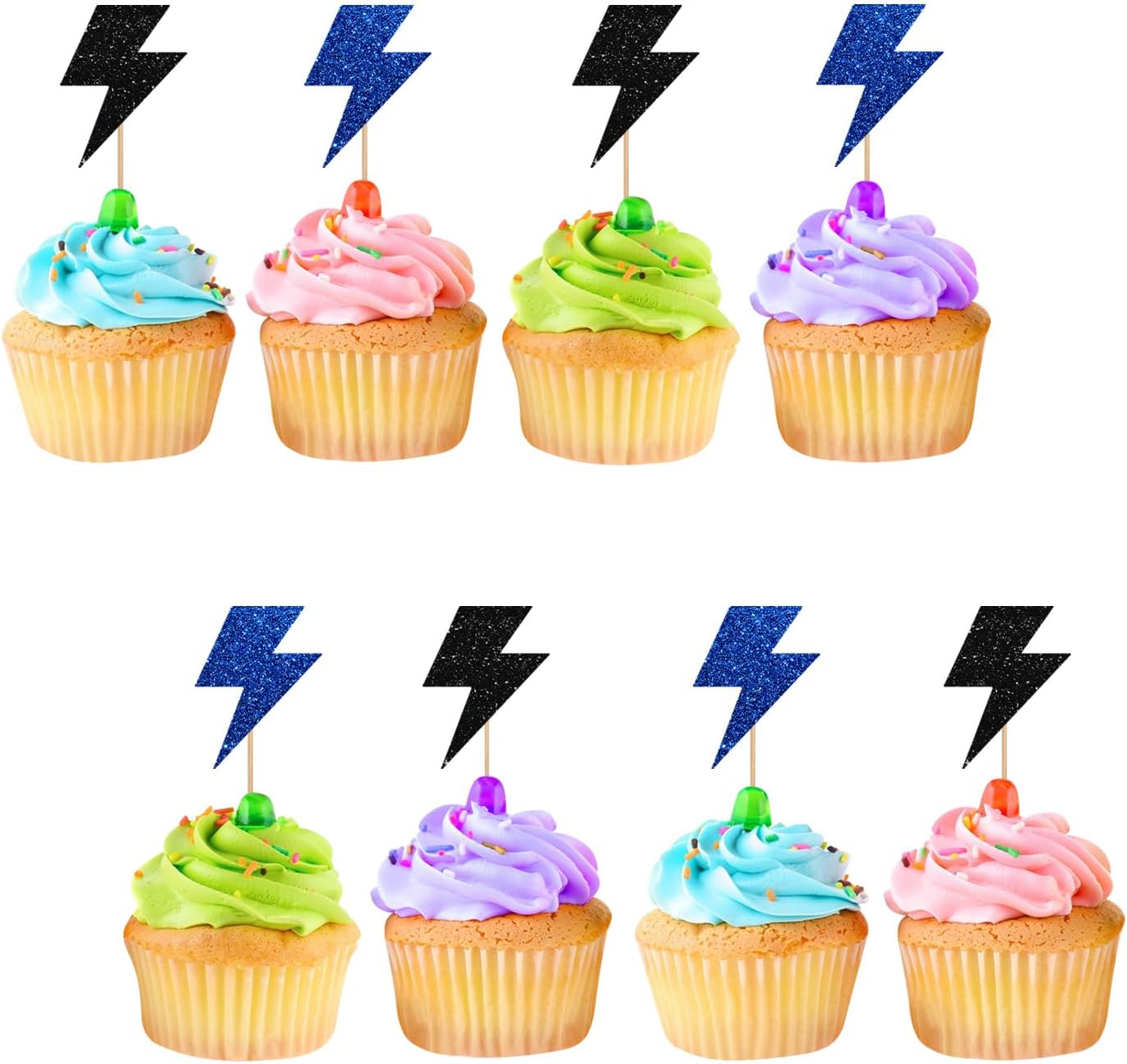24pcs Lightning Cupcake Toppers, Lightning Bolt Cupcake Toppers, Black&Blue Glitter Weather Cake Decoration for Baby Shower, Lightning Weather Themed Birthday Party Supplies