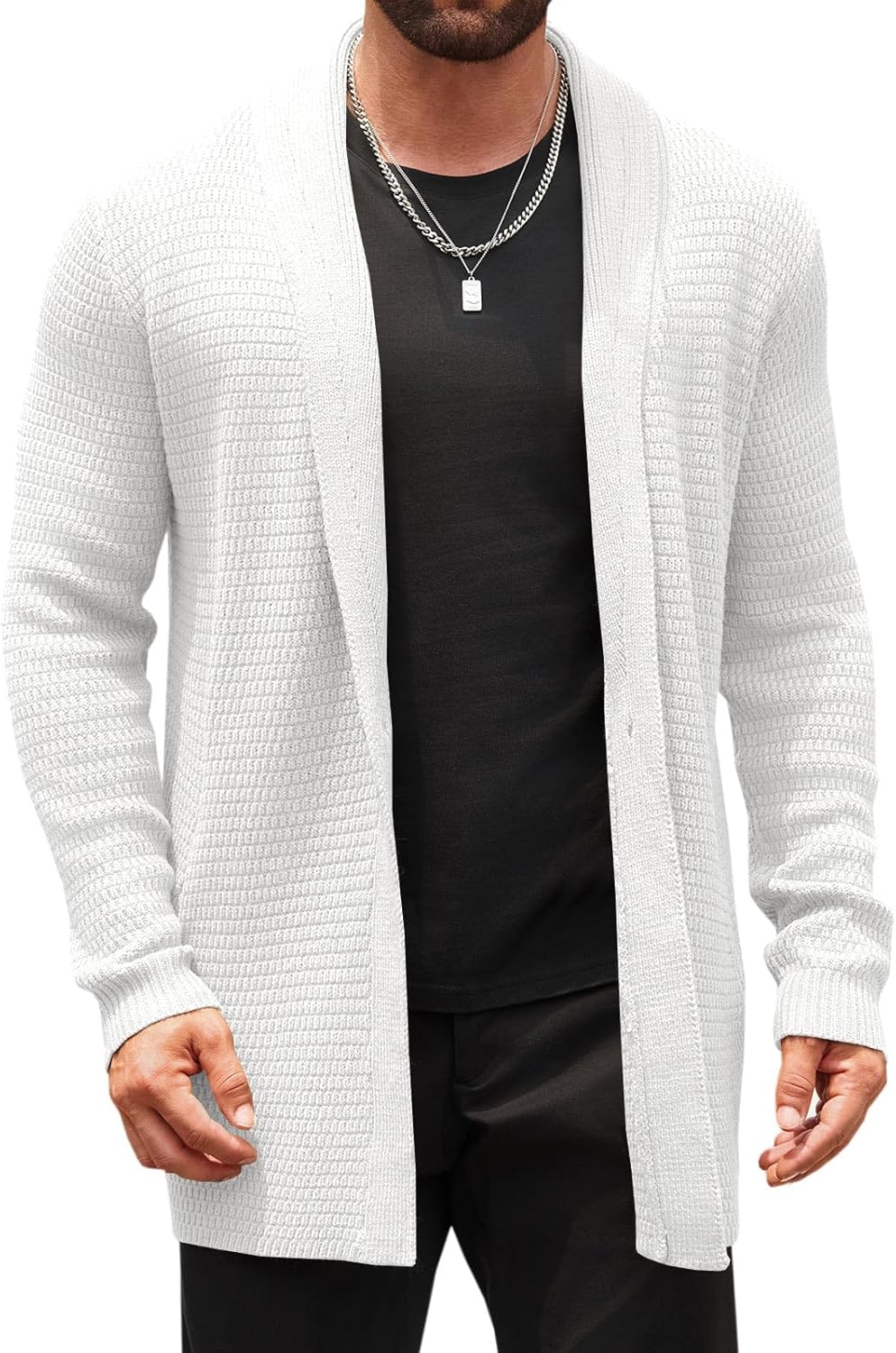 Runcati Mens Cardigan Sweater Shawl Collar Cable Knit Cardiagn Long Winter Open Front Sweaters with Pockets