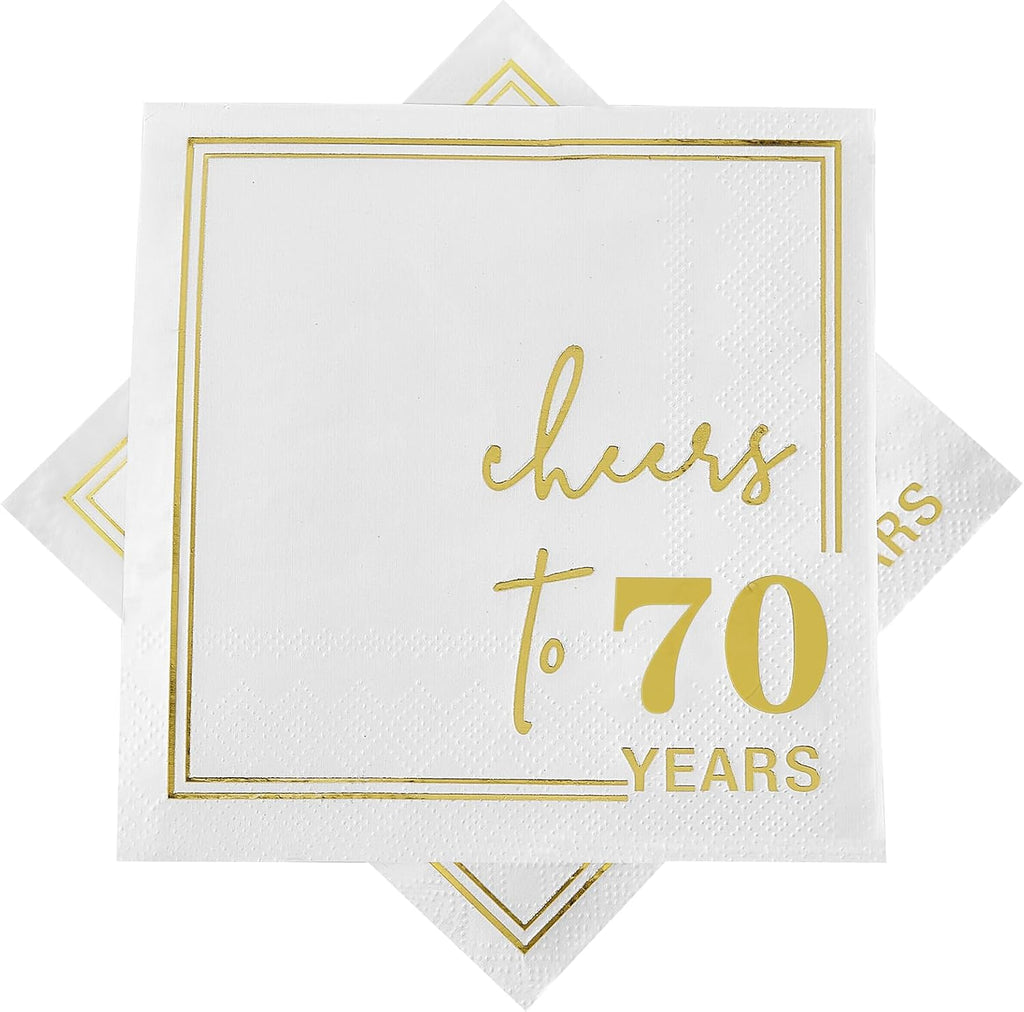 Ottin White Gold Cheers to 70 Years Cocktail Paper Napkins, 5x5 Inches, 50 Counts, 3-Ply Disposable Party Napkins for 70th Birthdays Decorations, Anniversaries, Weddings, Indoor & Outdoor Celebrations