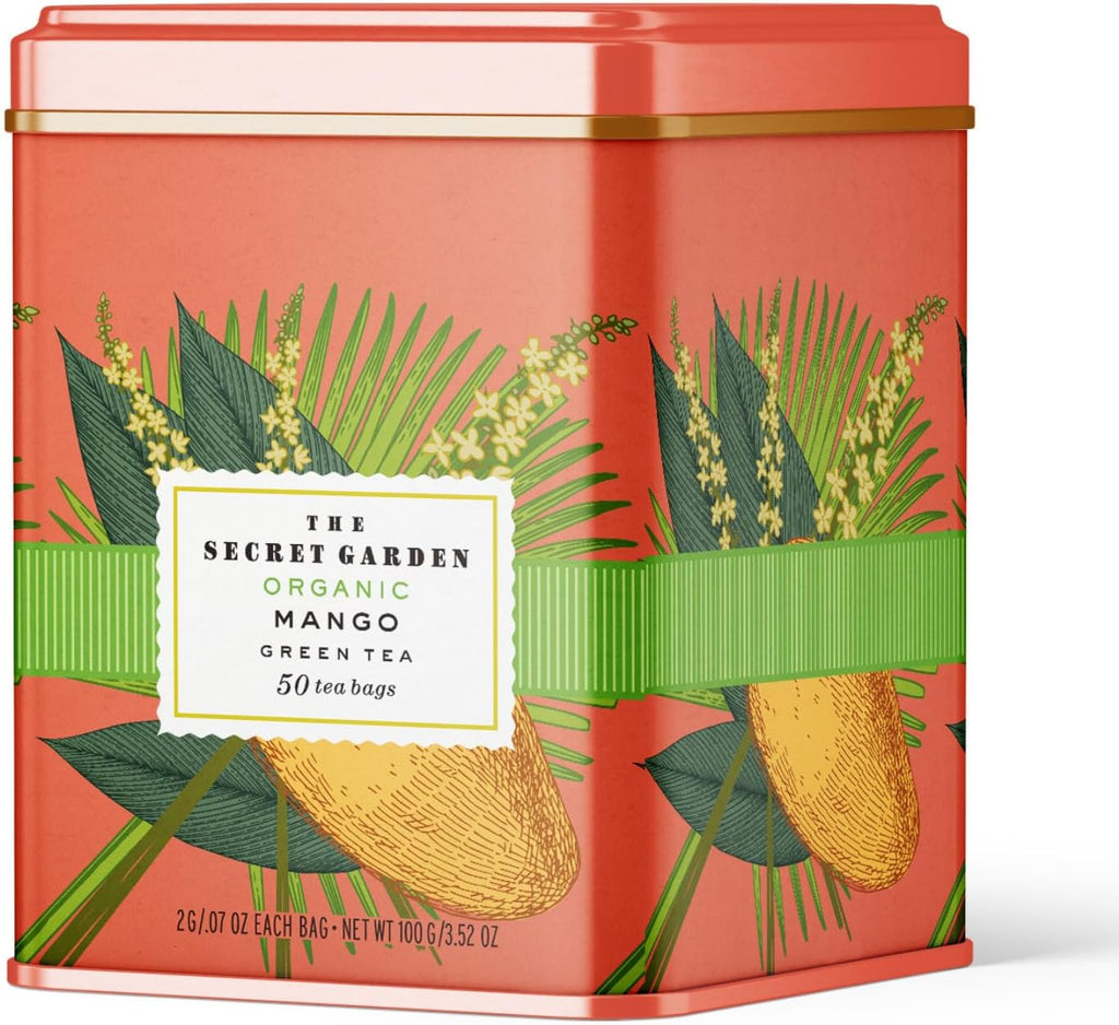 Life Plus Style Gourmet Secret Garden Organic Mango Green Tea Naturally Caffeinated Sugar-Free Non-GMO USDA Certified Premium Tea Tropical Fruit 50 Tea Bags Gift Tin