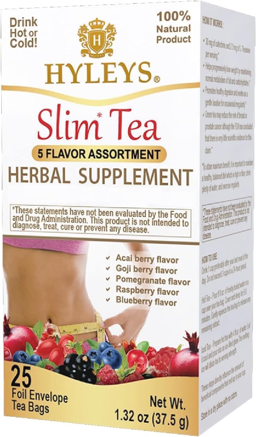 HYLEYS Slim Tea 5 Flavor Assortment - Weight Loss Herbal Supplement Cleanse and Detox - 25 Tea Bags (1 Pack) - Assorted Tea Variety Pack