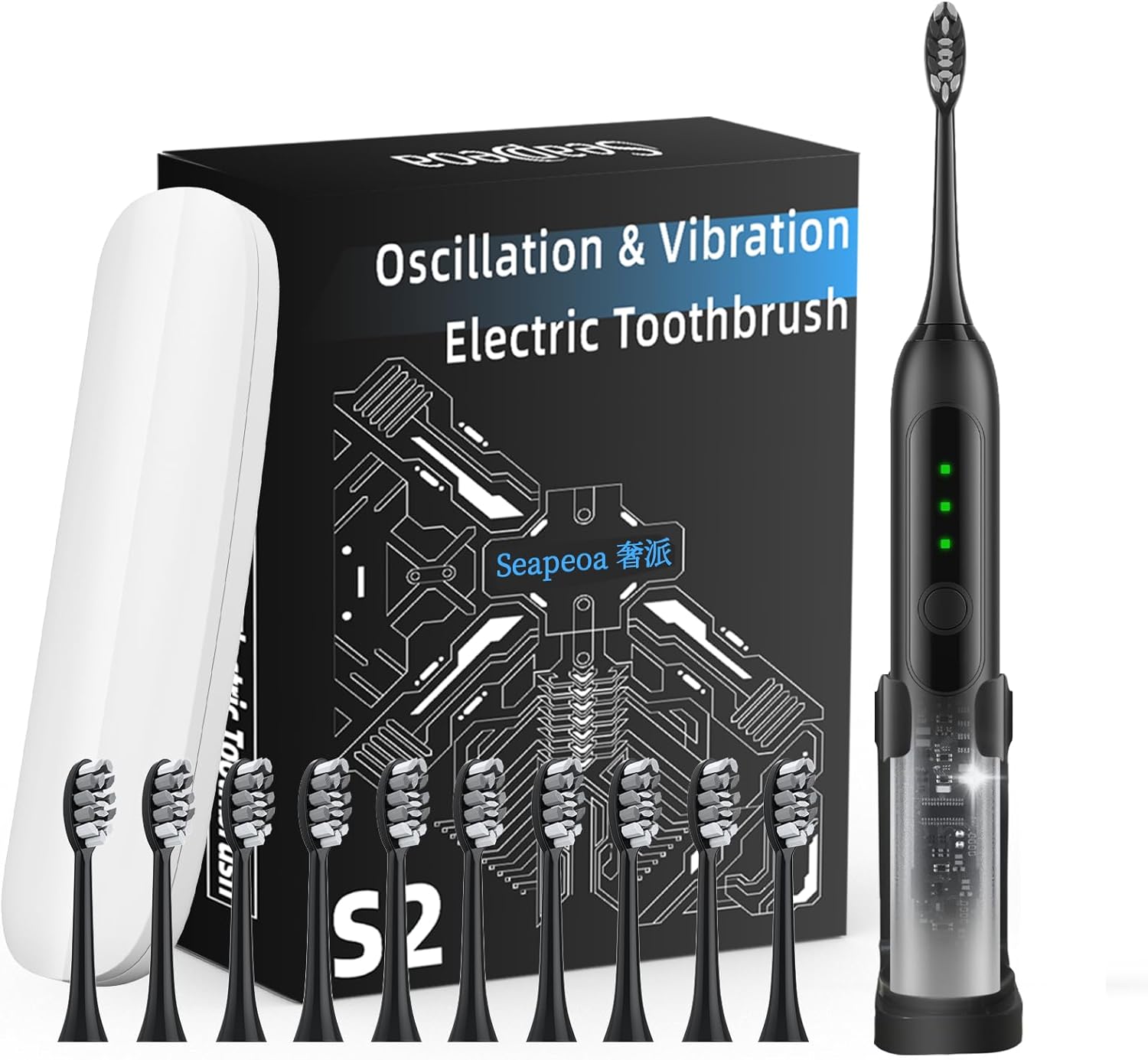 Adult Sonic Electric Toothbrush with 10 Brush Heads, Travel case, and wall Bracket, Suitable for Both Adults and Children, IPX8 Waterproof, USB Charging, 42000VPM, Black
