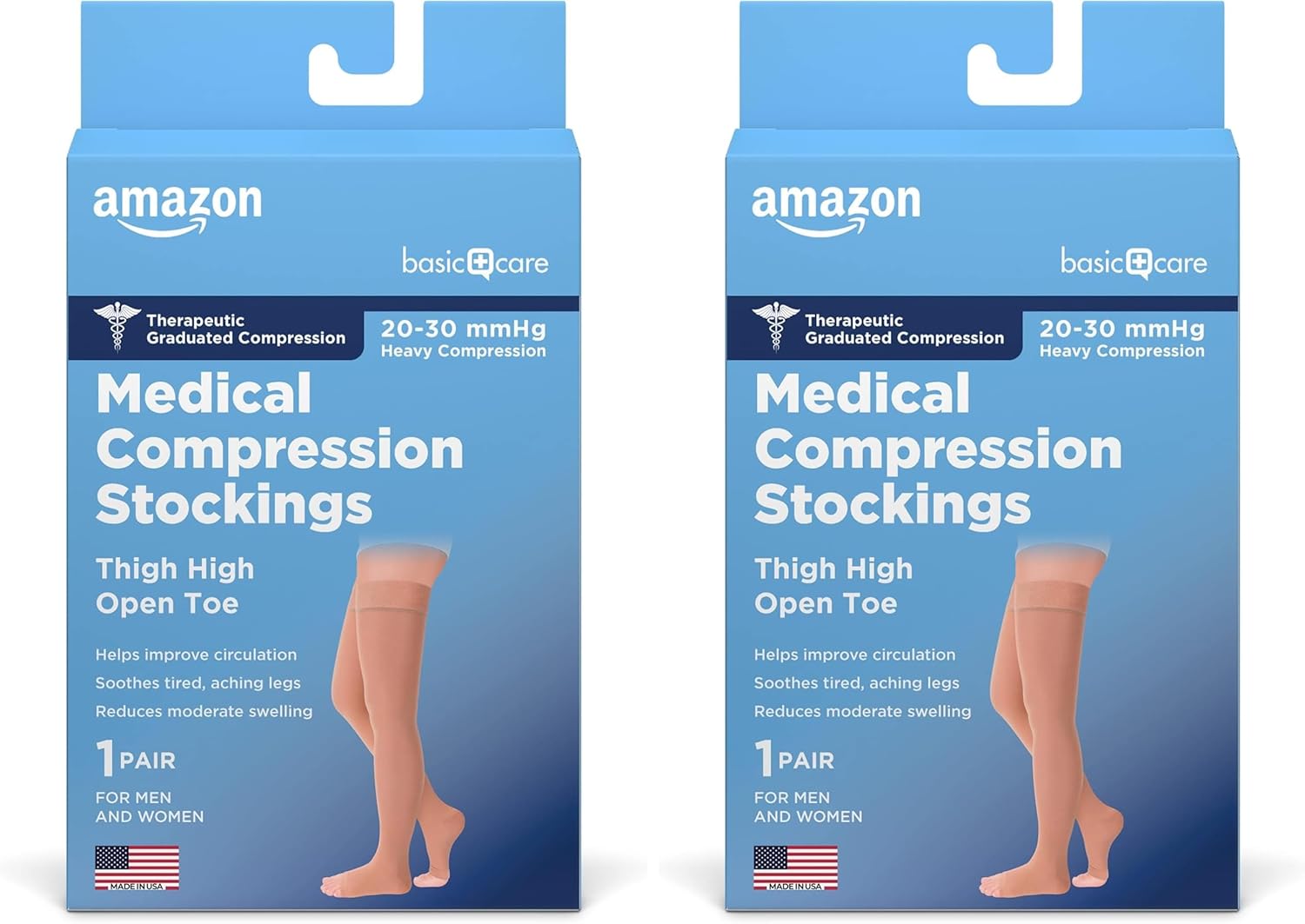 Amazon Basic Care Medical Compression Stockings, 20-30 mmHg Support, Women & Men Thigh Length Hose, Open Toe, Beige, Medium (Previously NuVein) (Pack of 2)