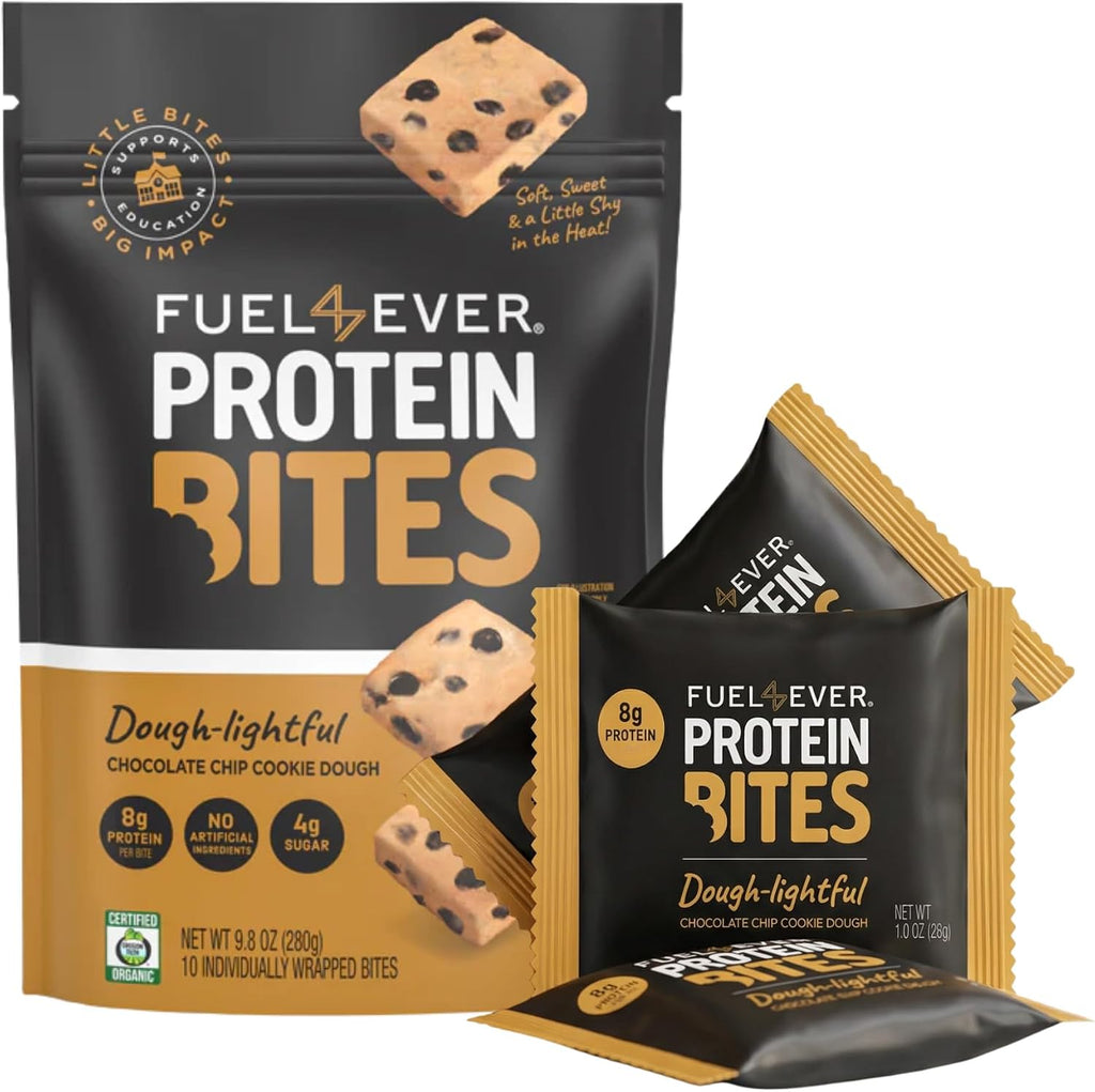 Fuel 4 Ever Protein Bites Chocolate Chip Cookie Dough | 8 G Protein Each | Certified Organic | 10 Individually Wrapped Bites